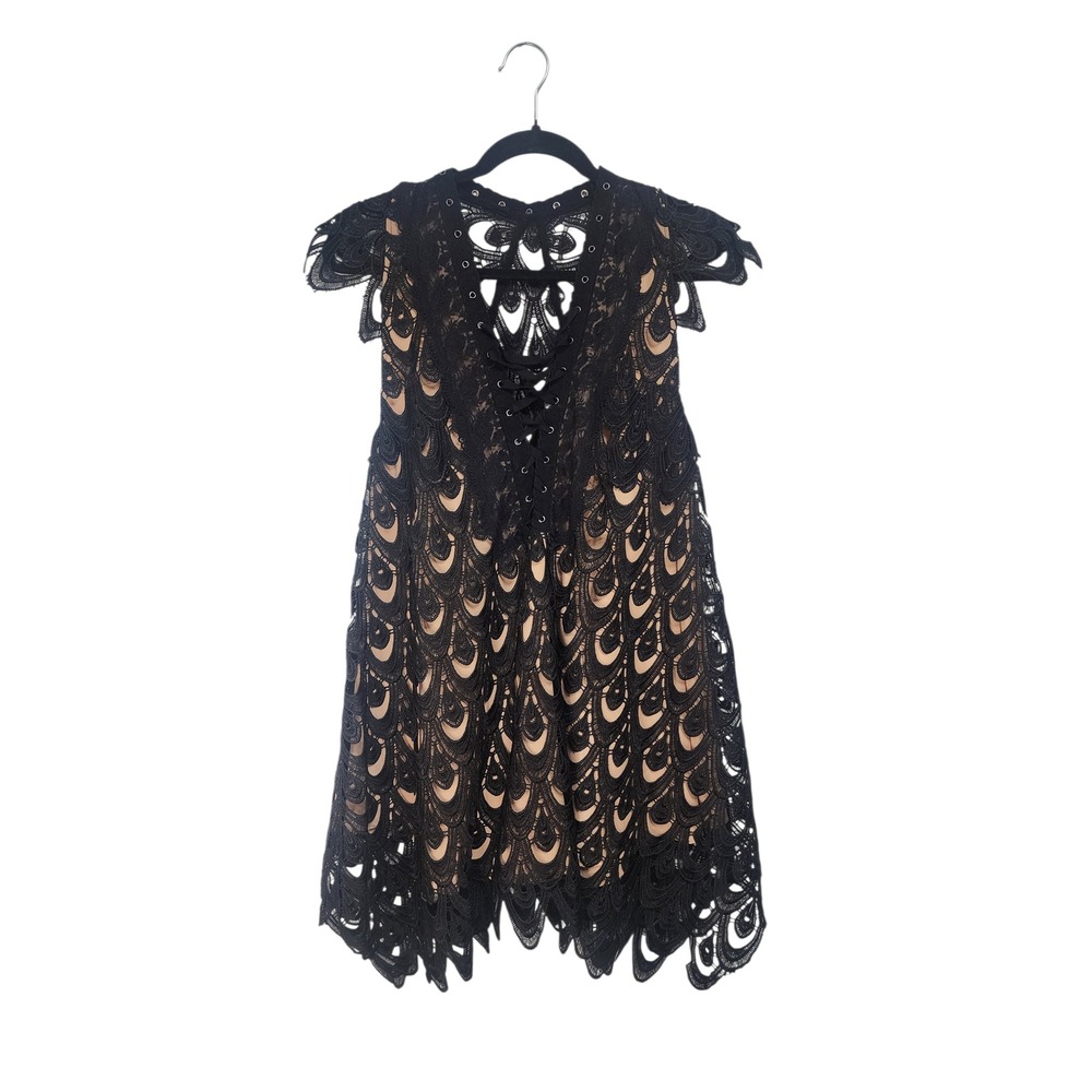 Free People Black Scalloped Lace Mini Dress Nude Lining Lace Up Front‎ XS